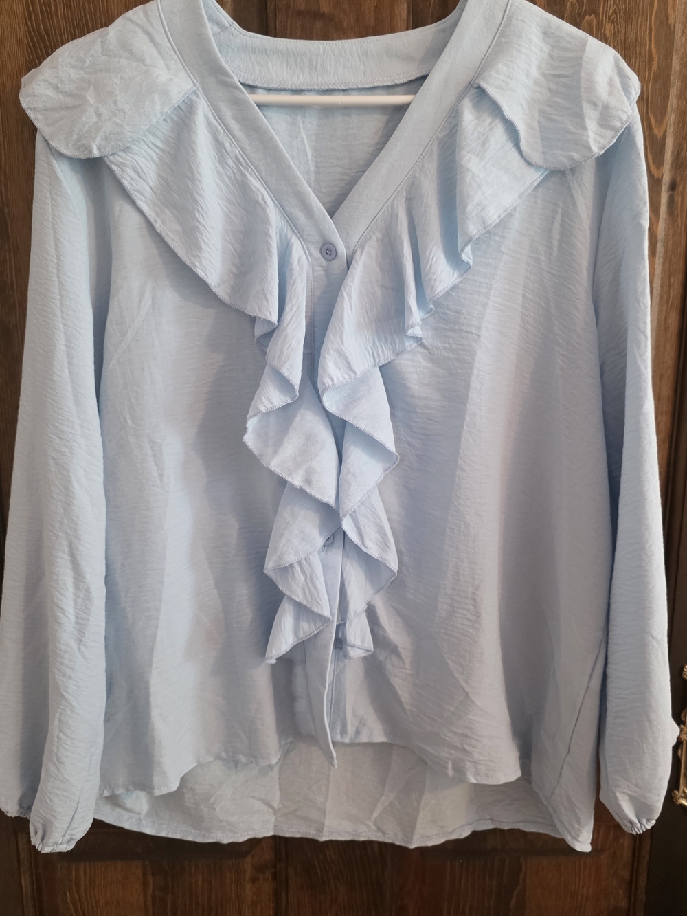 Light Blue Ruffle V-Neck Women’s Blouse